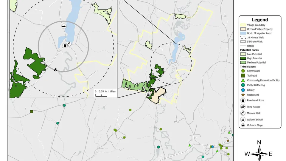 GIS map of public space assets and park potential in North Montpelier, showing the village boundary, the pond, potential park sites, and mapped 'third places' like the general store, library, and Masonic Hall.