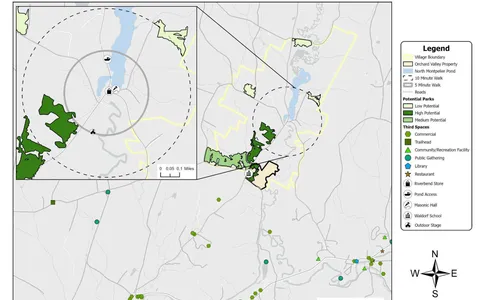 GIS map of public space assets and park potential in North Montpelier, showing the village boundary, the pond, potential park sites, and mapped 'third places' like the general store, library, and Masonic Hall.
