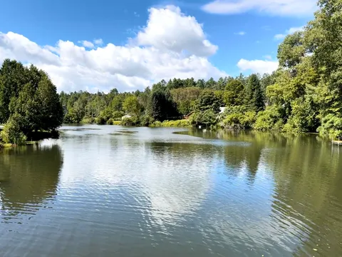 The North Montpelier millpond on a calm summer day, lined with trees and cottages along the shore.